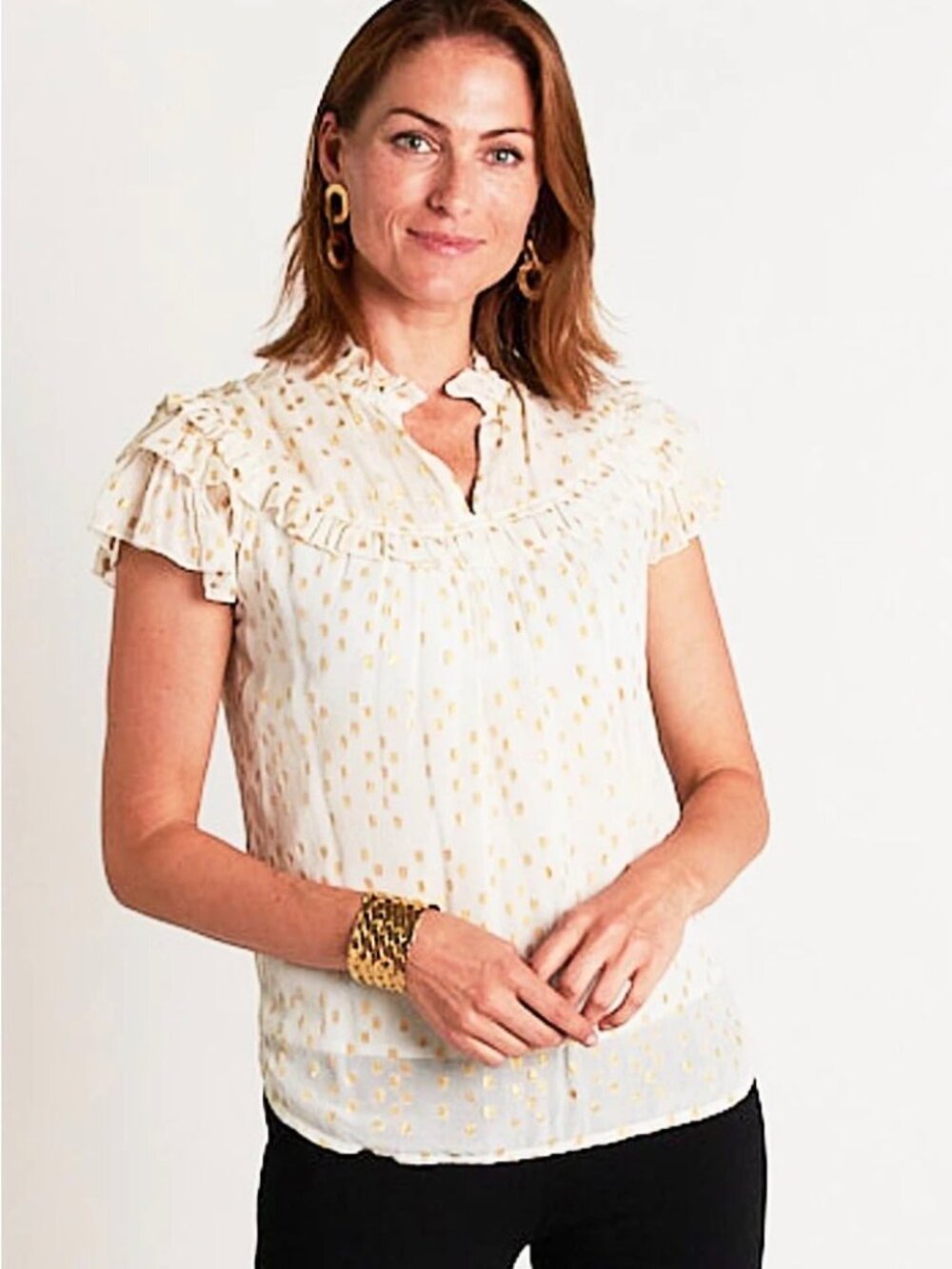 Gold Foil Polka Dot Ruffle Blouse By CK Bradley With Cotton Lining Size L